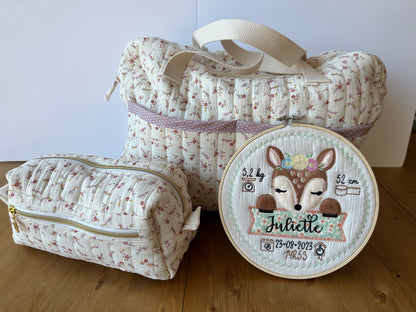 Cadre naissance tambourin bébé brodé et personnalisé motif au choix