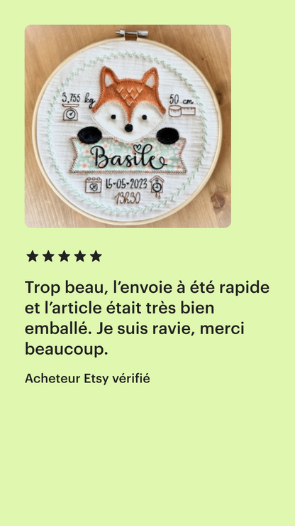 Cadre naissance tambourin bébé brodé et personnalisé motif au choix